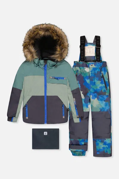 Deux Par Deux Kids' Two Piece Play Snowsuit Green And Navy Colorblock With Blue Camouflage Pants