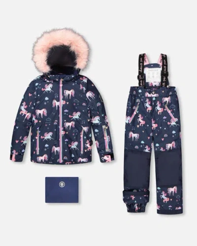 Deux Par Deux Kids'  Two-piece Play Snowsuit Unicorn In Blue