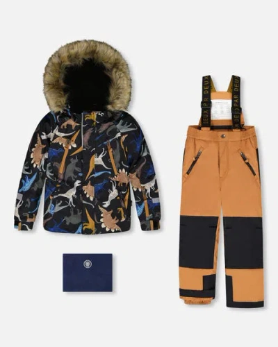 Deux Par Deux Kids'  Two-piece Play Snowsuit With Dinosaurs Jacket In Multi