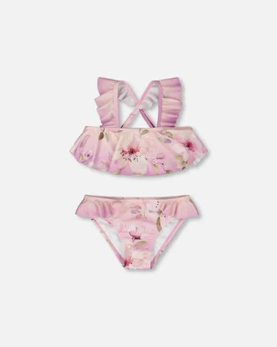 Deux Par Deux Kids'  Two-piece Ruffle Flared Flower Swimsuit In Multi