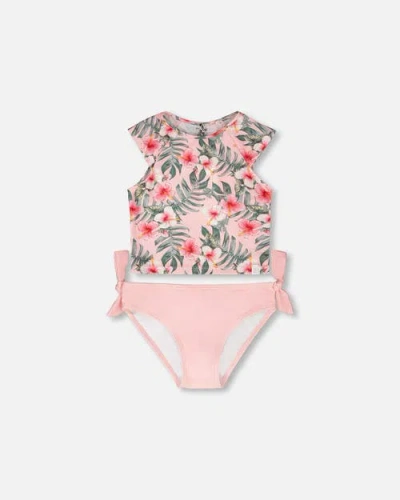 Deux Par Deux Kids'  Two-piece Short Sleeve Top Hibiscus Swimsuit In Multi