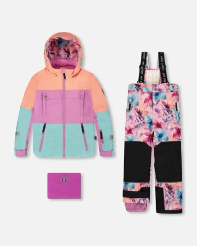 Deux Par Deux Kids'  Two-piece Teknik Snowsuit With Jacket Watercolor Flower In Pink
