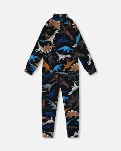 Deux Par Deux Kids'  Two-piece Thermal Underwear Set Dinosaur In Black