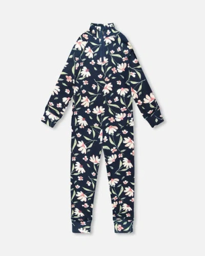 Deux Par Deux Kids'  Two-piece Thermal Underwear Set Flower In Blue