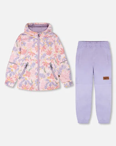 Deux Par Deux Kids' Two-piece Mid-season Outerwear Set Pink Flower Print In Purple