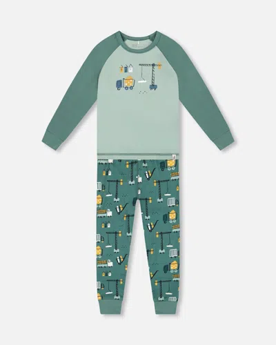 Deux Par Deux Kids' Two-piece Organic Cotton Pajama Set Teal Construction Print In Multi