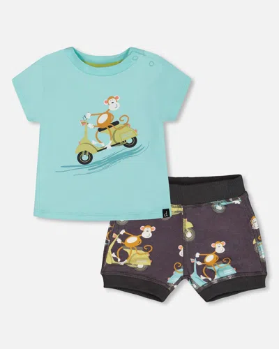 Deux Par Deux Kids' Two-piece Top And Short Set Monkey On Navy And Turquoise Moped In Blue