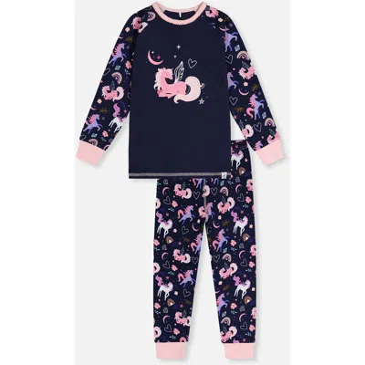 Deux Par Deux Kids'  Unicorn Organic Cotton Top Pants Two Piece Pajama Set In Blue