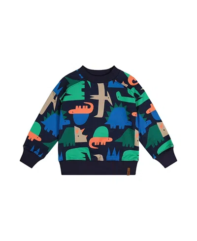 Deux Par Deux Kids'  Dinosaur Ribbed Cuffs Fleece Sweatshirt In Animal Print