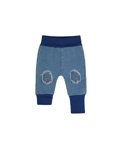 Deux Par Deux Unisex French Terry Denim Knee Patch Foldover Waist Evolutive Pants - Baby In Blue