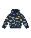 Deux Par Deux Unisex Printed Dino Fleece Hooded Sweatshirt Navy In Dress Blue