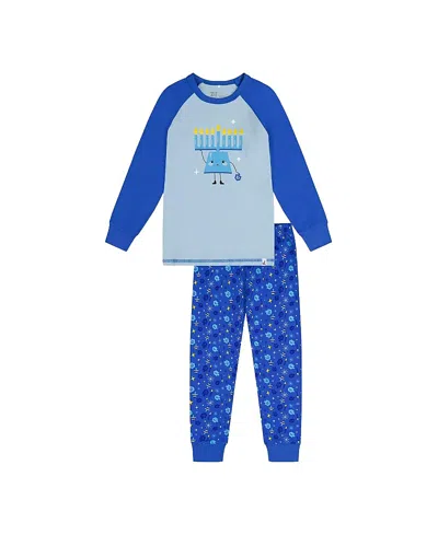 Deux Par Deux Unisex Two Piece Hanukkah Raglan Top Elastic Waist Pants Pajama Set - Little Kid In Blue