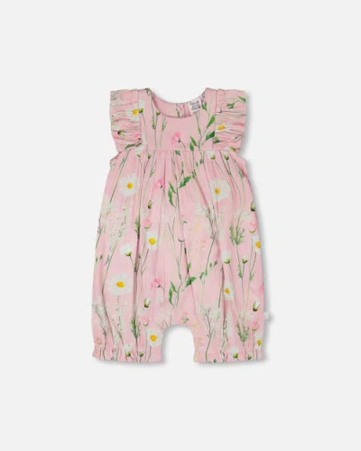 Deux Par Deux Babies'  Viscose Printed Flowers Sleeveless Romper In Pink