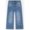 Deux Par Deux Wide Leg Stretch Jeans With Flower Stitching In Blue