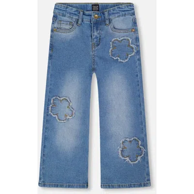 Deux Par Deux Kids'  Wide Leg Stretch Jeans With Flower Stitching In Blue
