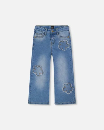 Deux Par Deux Kids'  Wide Leg Stretch Jeans With Flower Stitching In Blue