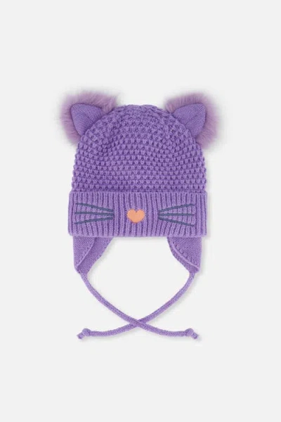 Deux Par Deux Kids'  Winter Cat Ears Fleece-lined Chin Tie Knit Hat In Purple