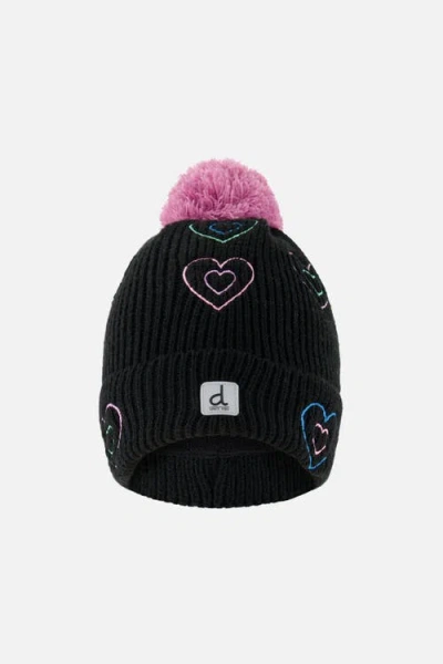 Deux Par Deux Kids'  Winter Embroidered Heart Fleece-lined Pompom Knit Hat In Blue