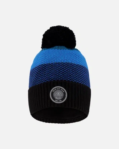 Deux Par Deux Kids'  Winter Knit Hat With Pompom And Lining In Blue