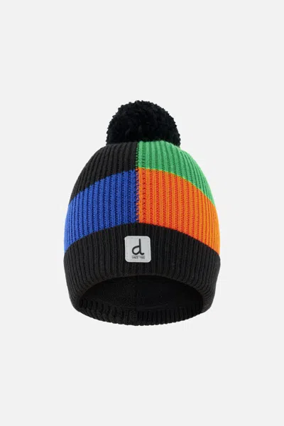 Deux Par Deux Kids' Winter Knit Hat With Pompom Black, Blue, Green And Orange Tiles In Multi