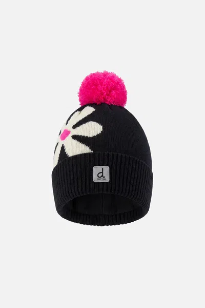 Deux Par Deux Kids' Winter Knit Hat With Pompom Black, White And Pink In Multi