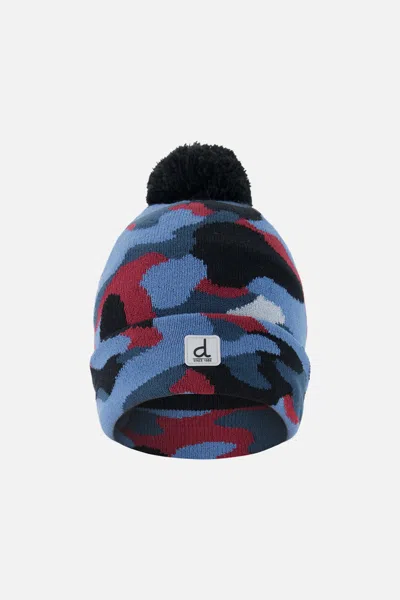 Deux Par Deux Kids' Winter Knit Hat With Pompom Blue And Red Camouflage In Multi