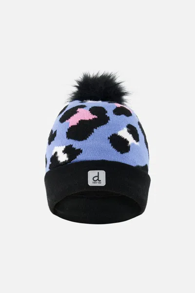 Deux Par Deux Kids' Winter Knit Hat With Pompom Blue Leopard Print