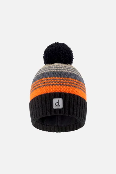 Deux Par Deux Kids' Winter Knit Hat With Pompom Grey And Orange Stripes In Multi
