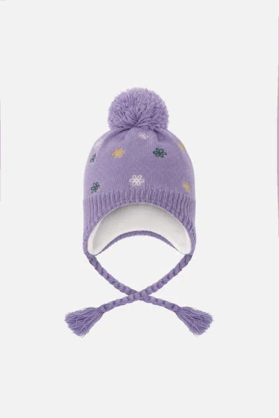 Deux Par Deux Kids'  Winter Peruvian Embroidered Fleece-lined Pompom Knit Hat In Purple