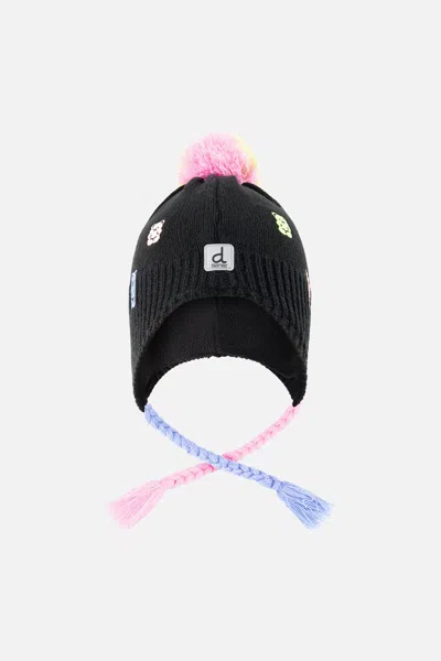 Deux Par Deux Kids' Winter Peruvian Knit Hat With Pompom Black, Pink, Blue And Green In Multi