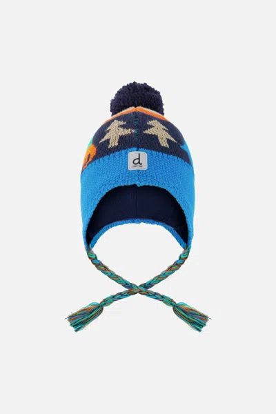 Deux Par Deux Kids' Winter Peruvian Knit Hat With Pompom Blue Dinosaur Print In Multi