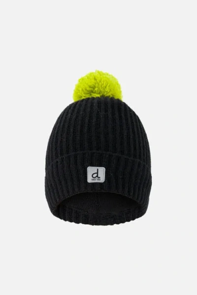 Deux Par Deux Kids'  Winter Ribbed Cuff Logo Patch Knit Hat With Pompom In Black