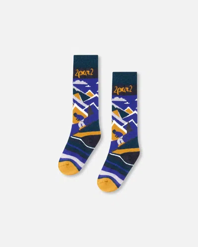 Deux Par Deux Kids' Winter Ski Socks With Merino Wool Deep Teal In Multi