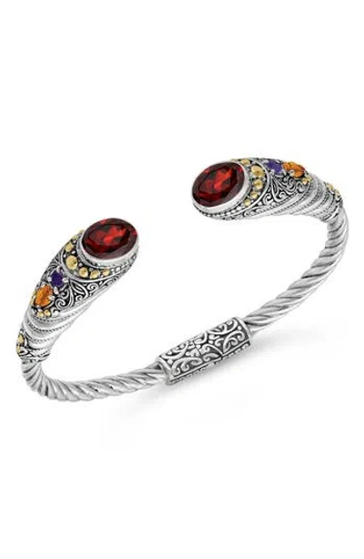 Devata Garnet & Sterling Silver Bali Jimbaran Cuff Bracelet In Silver/gold/red