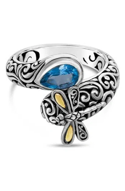 Devata Sweet Dragonfly 18k Gold & Sterling Silver Swiss Blue Topaz Bypass Ring In Silver/gold/blue