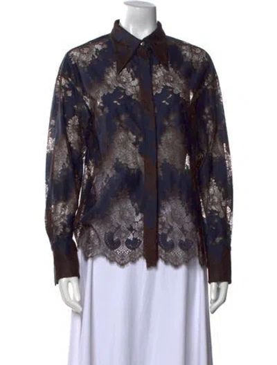 Pre-owned Deveaux Lace Pattern Long Sleeve Button-up Top In Blue