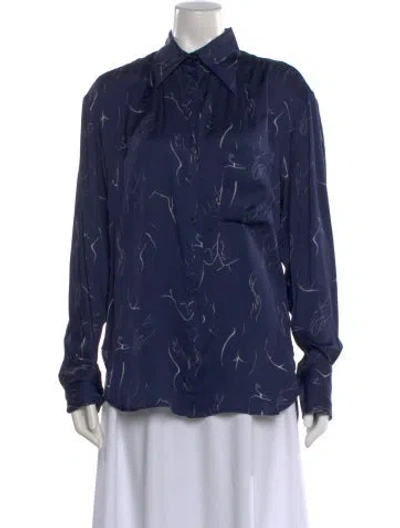 Pre-owned Deveaux Printed Long Sleeve Button-up Top In Blue