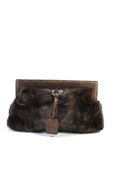 Devi Kroell Womens Python Skin Mink Fur Downtown Mini Clutch Handbag Brown