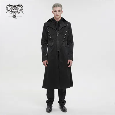 Pre-owned Devil Fashion Vintage Elegant Black Gothic Punk Leather Cross Long Coat For Men
