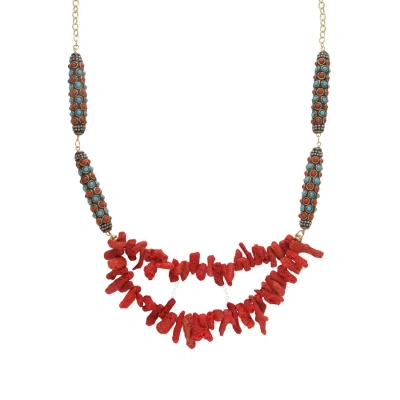 Devon Leigh 24k Gold Plated Brass & Red Sponge Coral Multi Strand Necklace N6070 In Gold-tone