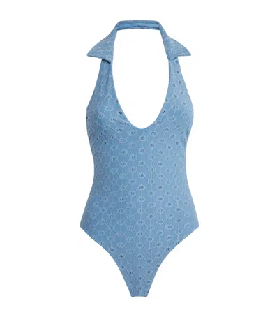 Devon Windsor Anais Open-work Swimsuit In Blue