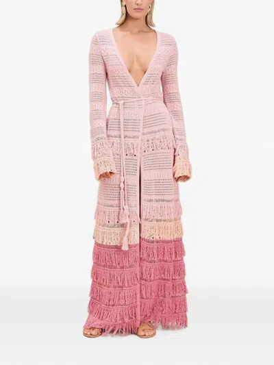 Devon Windsor Maureen Fringed Crochet-knit Robe In Pink