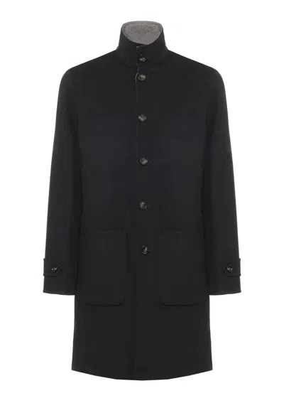 Devore Blue/grey Reversible High-neck Double-face Wool Coat In Black