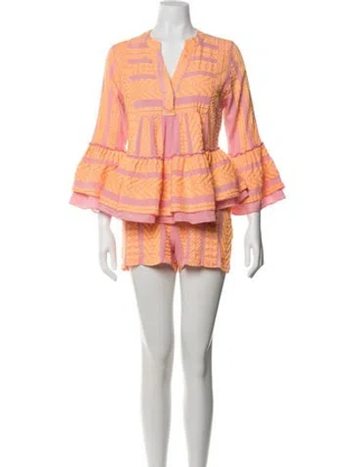 Pre-owned Devotion Twins Patterned Ruffle Embellishment Short Set In Multicolor