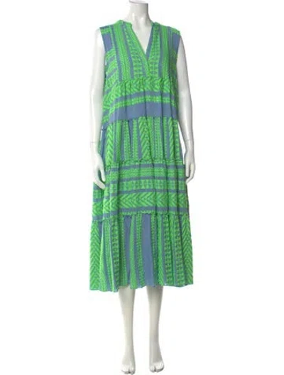 Pre-owned Devotion Twins Printed Midi Length Dress In Green