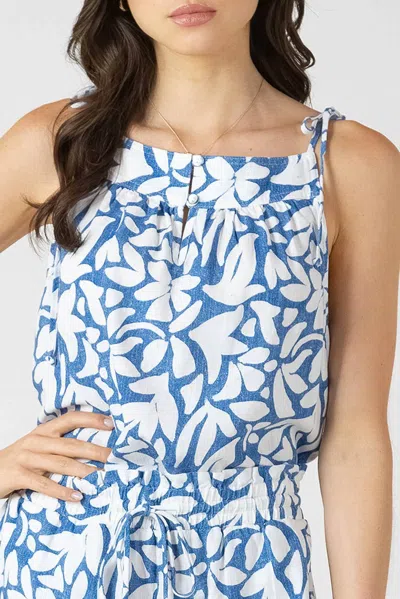 Dex Clothing Tie Shoulder Top In Blue Wash With White Flower In Multi
