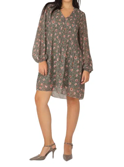 Dex Long Sleeve Pleated A-line Dress In Green Floral In Gray