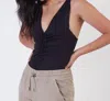 Dex Ruched Front Knit Bodysuit In Black In Black