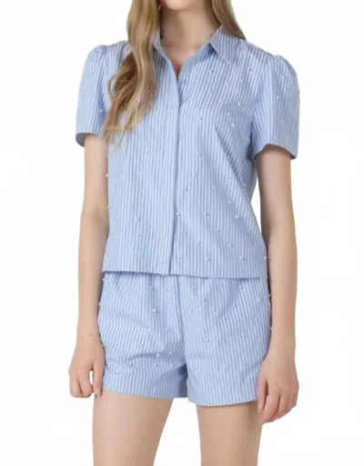 Dex Seaside Pearl Puff Sleeve Blouse In Blue