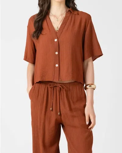 Dex Short Sleeve V-neck Blouse Top In Burnt Sienna In Brown